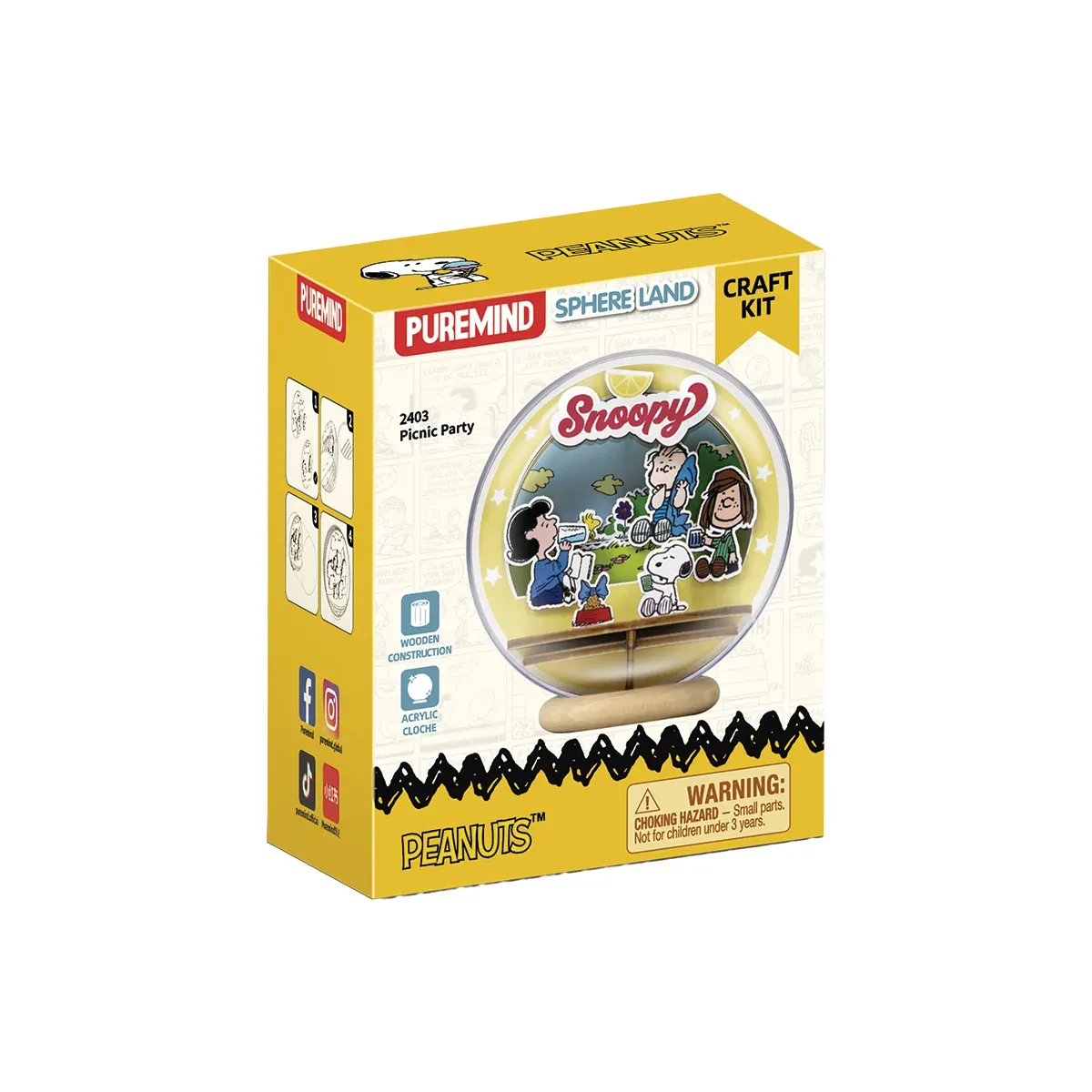 Peanuts Mini Diorama de Montaje 3D Bola de Cristal de Madera Para Armar "Picnic Party" 19 Piezas - Puremind